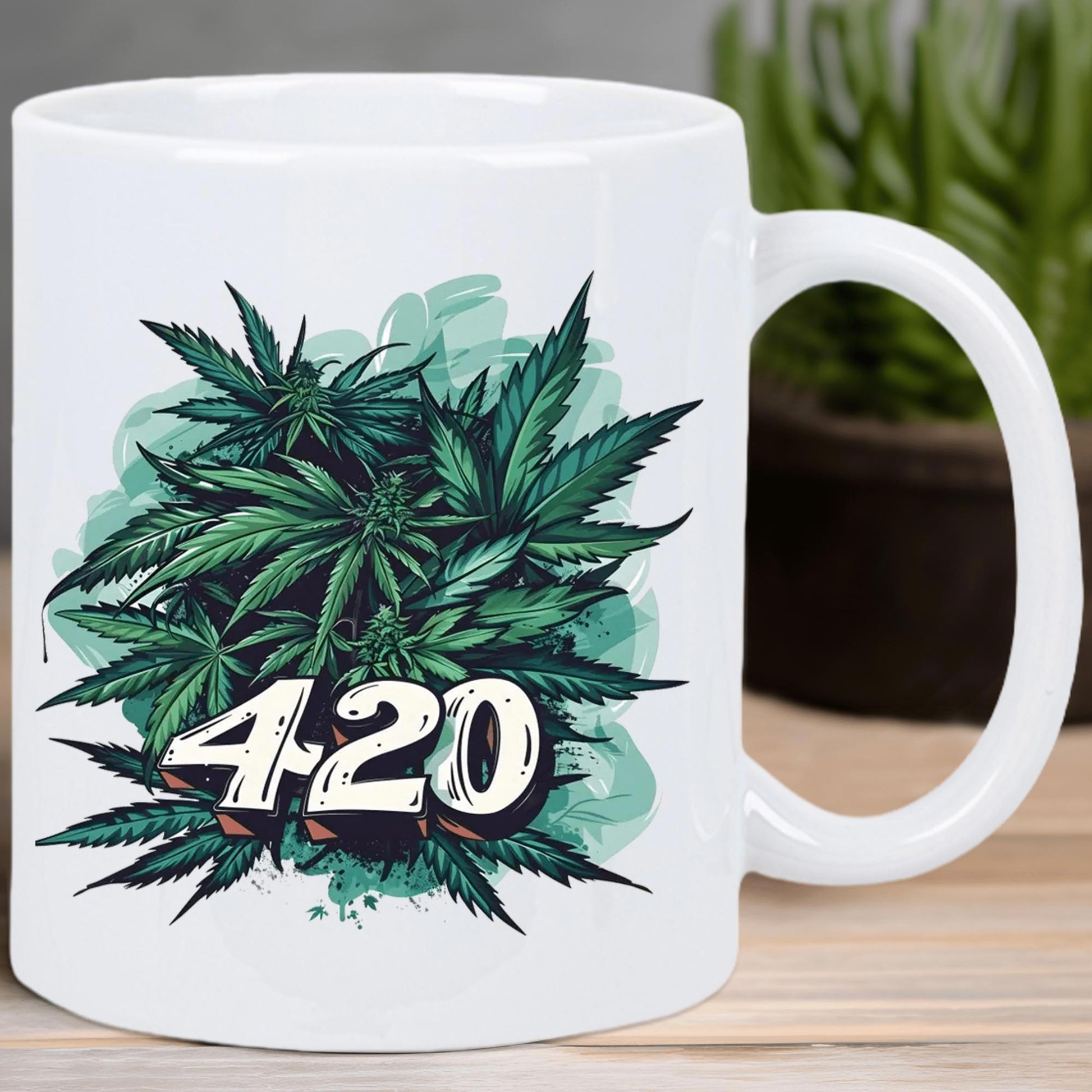 Tailorly White Ceramic 11 oz Mug - 420 Lush Green Layered Artistic Cannabis Leaves Over Soft Watercolor Splash Leaf