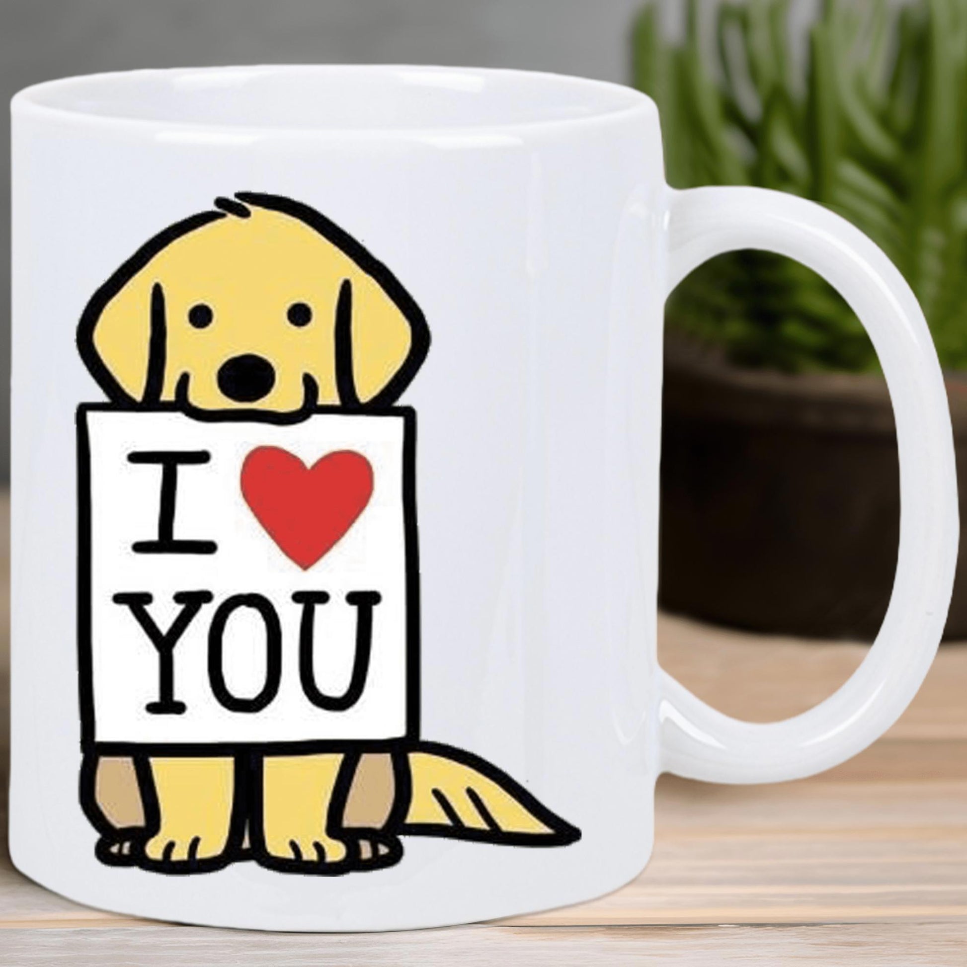 Tailorly White Ceramic 11 oz Mug - I You Cute Golden Retriever Holding A Little Sign With Red Heart Dog