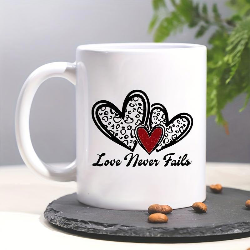 Tailorly White Ceramic 11 oz Mug - Love Never Fails Three Decorative Leopard Print Patterns With A Small Red Central Heart