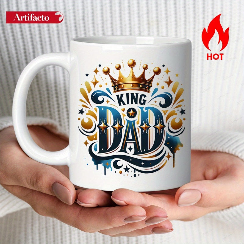 Tailorly White Ceramic 11 oz Mug - King Dad Majestic Golden Ornament With Blue Swirls And Shining Decorative Stars Crown