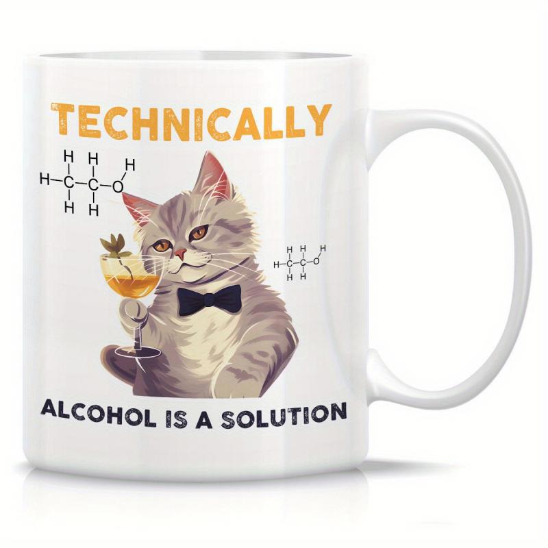 Tailorly White Ceramic 11 oz Mug - Technically Alcohol Is A Solution Sophisticated Grey Tabby Wearing Bowtie Holding Cocktail Amidst Chemical Formulas Cat