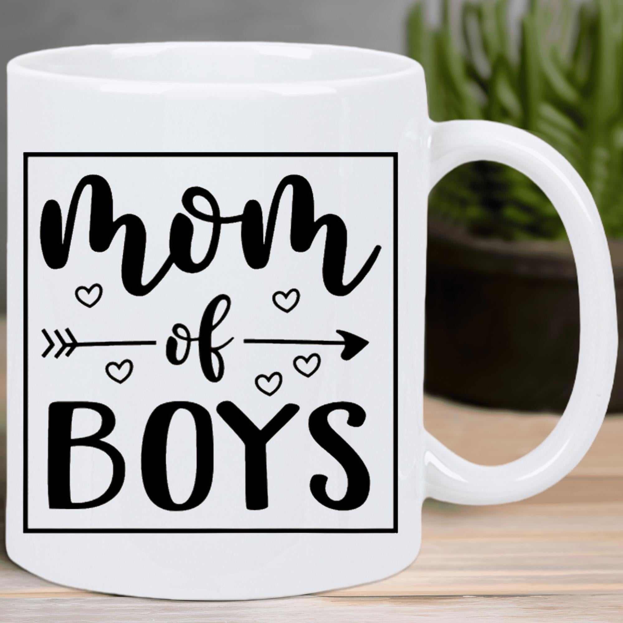 Tailorly White Ceramic 11 oz Mug - Mom Of Boys Square Frame With Small Hearts And Artistic Arrow Accents Mug