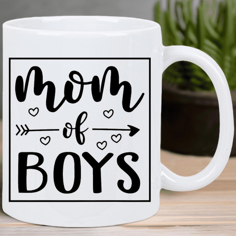 Tailorly White Ceramic 11 oz Mug - Mom Of Boys Square Frame With Small Hearts And Artistic Arrow Accents Mug
