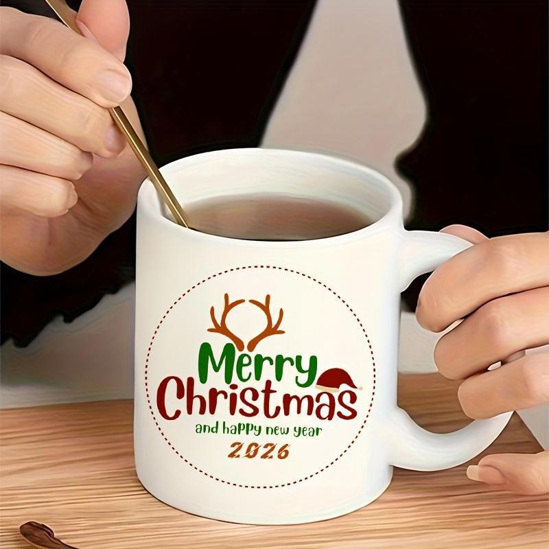 Tailorly White Ceramic 11 oz Mug - Merry Christmas And Happy New Year 2026 Festive Holiday Antlers Decorated With Small Red Santa Hat Ornament Reindeer