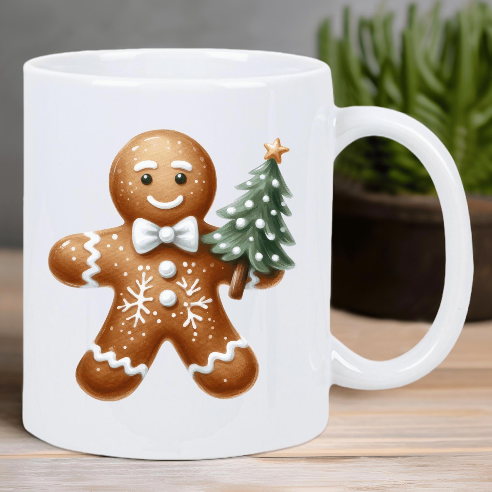 Tailorly White Ceramic 11 oz Mug - Festive Holiday Sweet Holding A Tiny Green Decorated Pine Tree Gingerbread Man