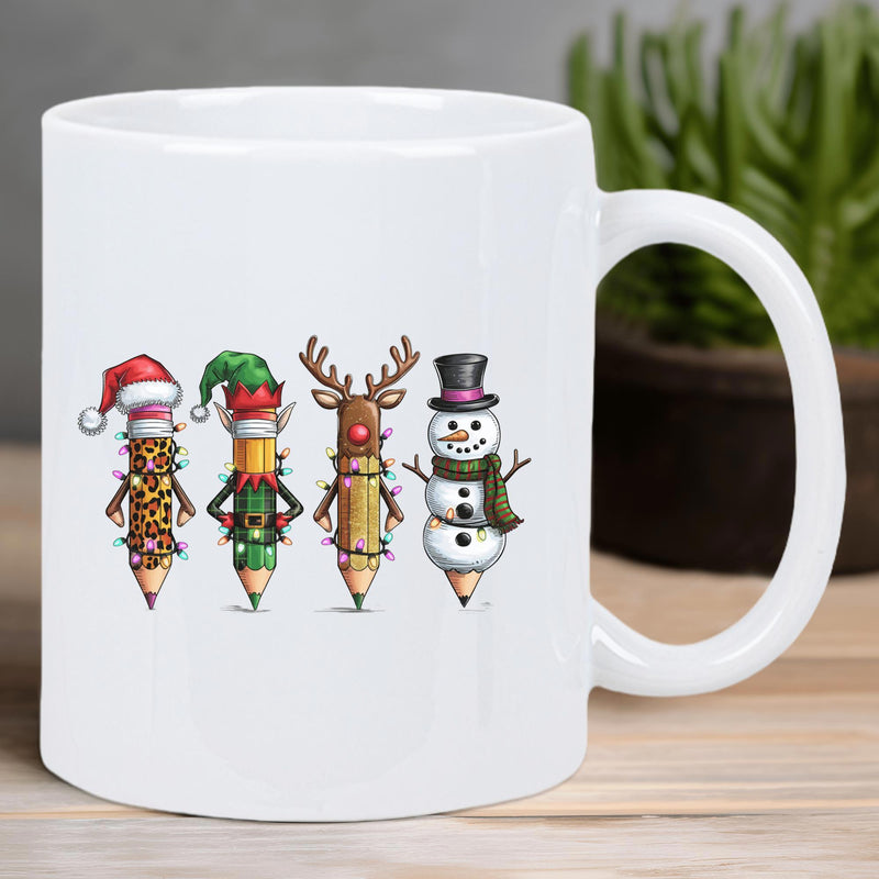 Tailorly White Ceramic 11 oz Mug - Festive Holiday Characters Wearing Cute Winter Hats Wrapped In Tiny Glowing Lights Pencil