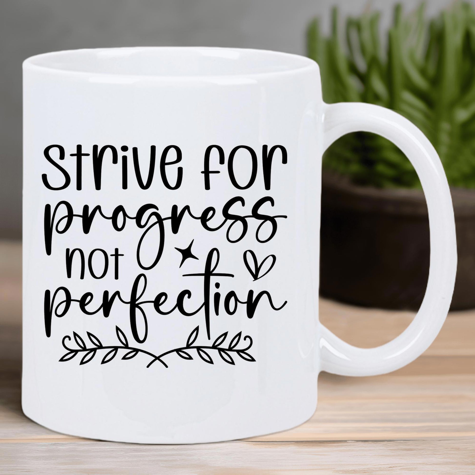 Tailorly White Ceramic 11 oz Mug - Strive For Progress Not Perfection Minimalist Black Ink Inscription With Decorative Hand Drawn Leafy Branches Mug