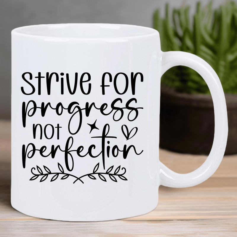 Tailorly White Ceramic 11 oz Mug - Strive For Progress Not Perfection Minimalist Black Ink Inscription With Decorative Hand Drawn Leafy Branches Mug
