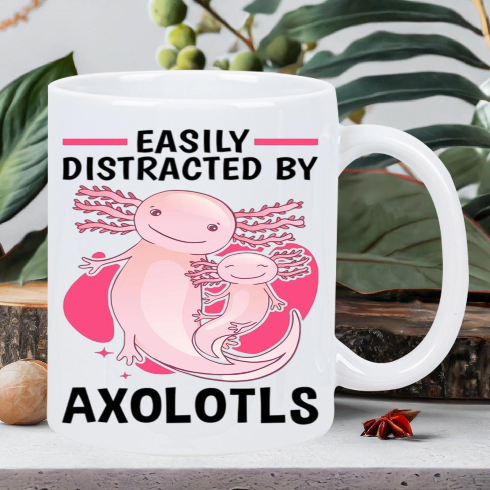 Tailorly White Ceramic 11 oz Mug - Easily Distracted By Axolotls Two Cute Pink Cartoon Salamanders Resting On Bright Vibrant Circular Shapes Axolotl