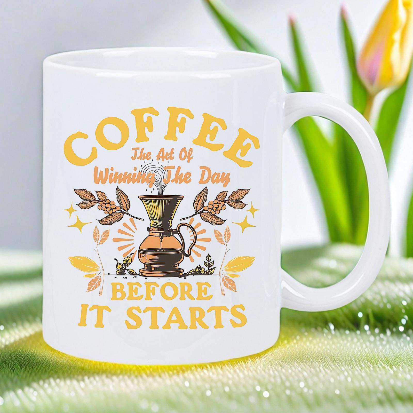 Tailorly White Ceramic 11 oz Mug - Coffee The Art Of Winning The Day Before It Starts Vintage Styled Pour Over Brewer Surrounded By Golden Leaves And Shining Rays