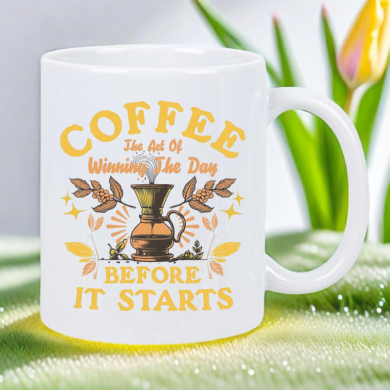 Tailorly White Ceramic 11 oz Mug - Coffee The Art Of Winning The Day Before It Starts Vintage Styled Pour Over Brewer Surrounded By Golden Leaves And Shining Rays