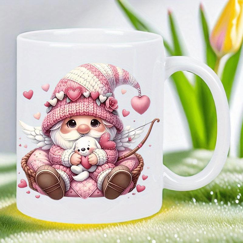 Tailorly White Ceramic 11 oz Mug - Adorable Pink Knitted Gnome Holding A Puppy With Cupid Wings And Floating Hearts Gnome