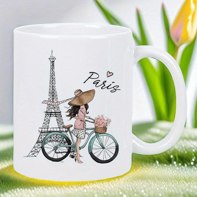 Tailorly White Ceramic 11 oz Mug - Paris Parisian Girl Riding Vintage Bicycle Beside Landmark Eiffel Tower Girl
