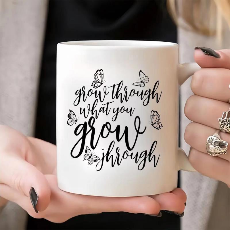 Tailorly White Ceramic 11 oz Mug - Grow Through What You Grow Through Delicate Line Art Butterflies Fluttering Around Inspirational Script Butterfly
