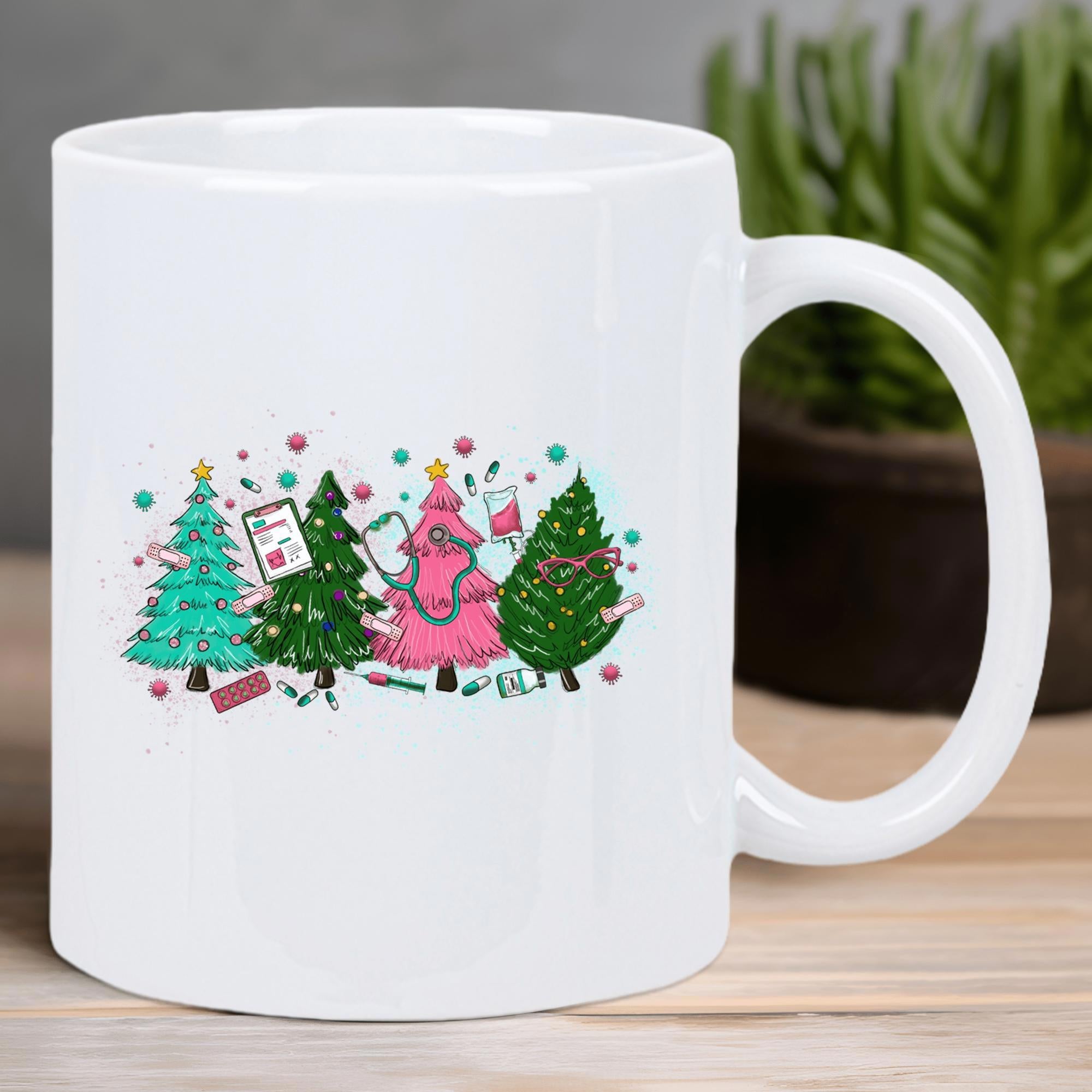 Tailorly White Ceramic 11 oz Mug - Festive Medical Icons Among Decorated Colorful Stylized Holiday Christmas Tree