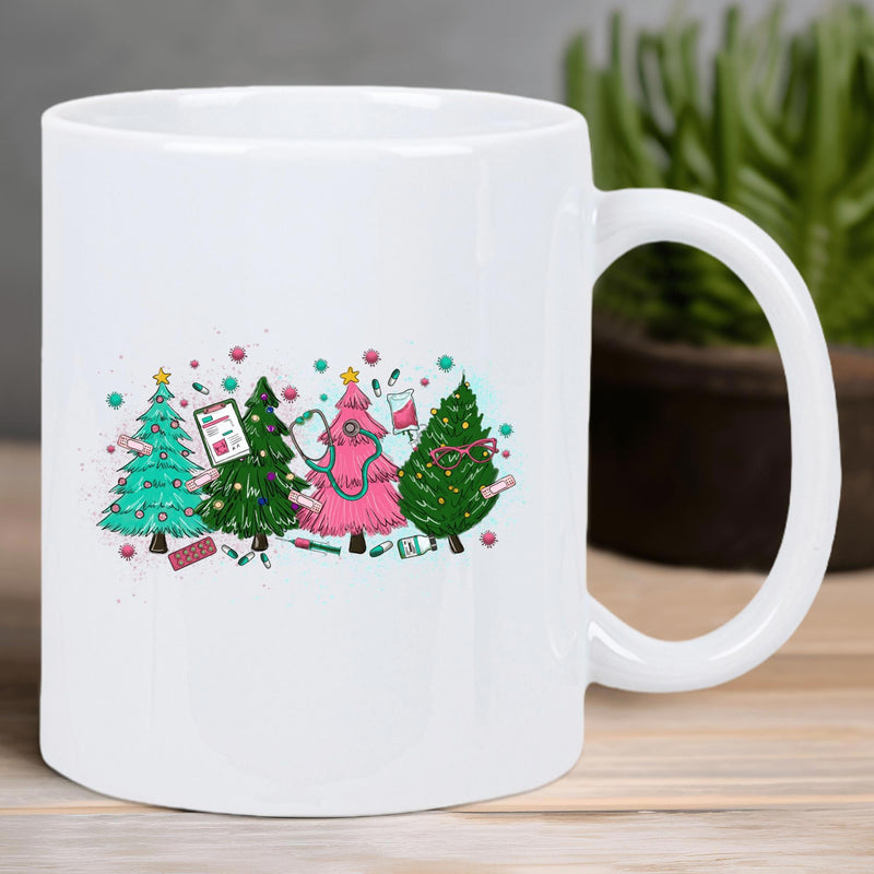Tailorly White Ceramic 11 oz Mug - Festive Medical Icons Among Decorated Colorful Stylized Holiday Christmas Tree
