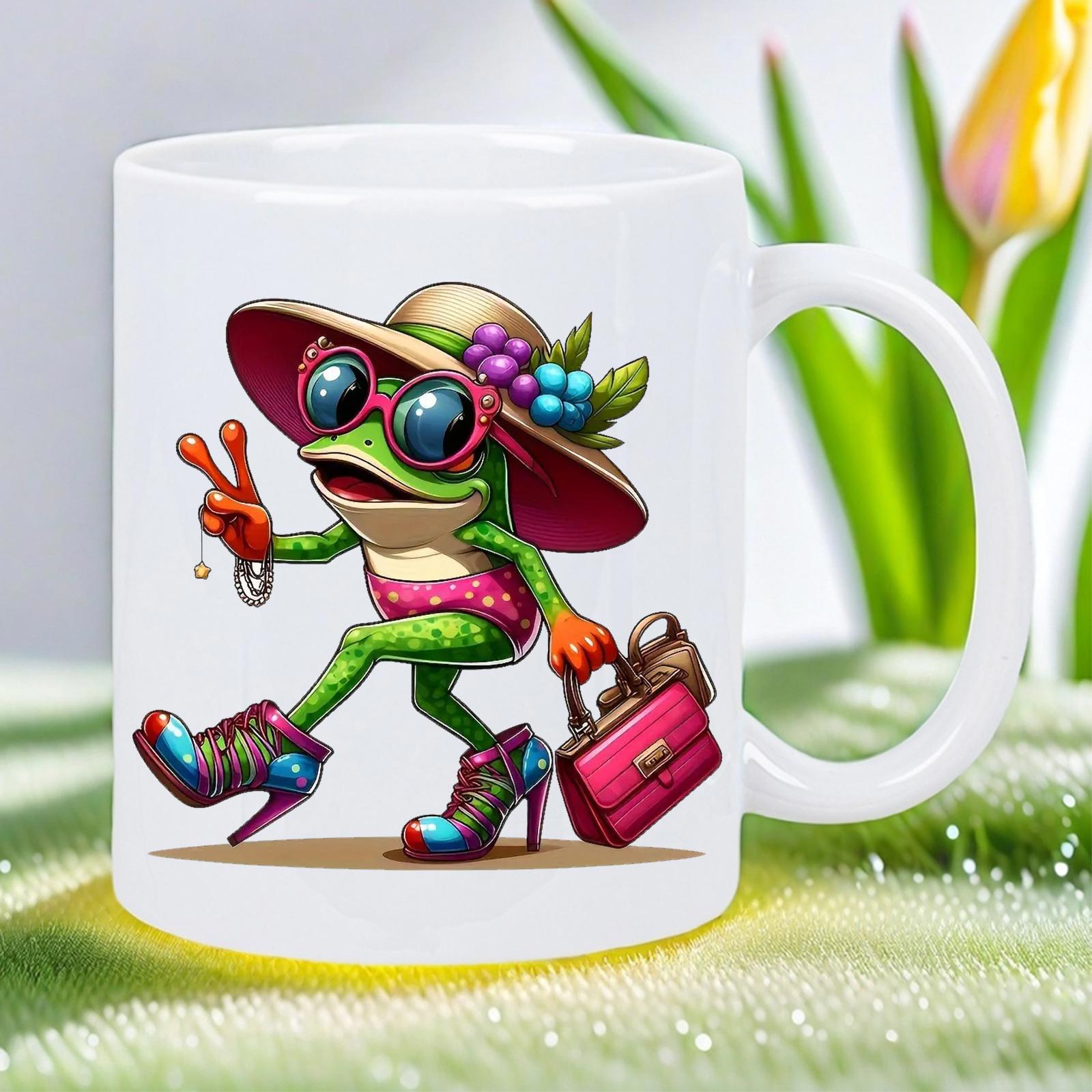 Tailorly White Ceramic 11 oz Mug - Stylish Walking Fashionable Character Wearing Summer Hat High Heels And Handbag Frog