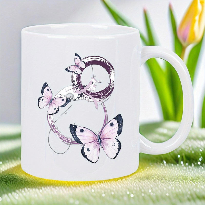Tailorly White Ceramic 11 oz Mug - Delicate Pink Winged Insects Dancing Around Abstract Circular Swirls Butterfly