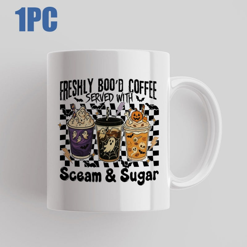 Tailorly White Ceramic 11 oz Mug - Freshly Boo'd Coffee Served With Scream Sugar Festive Halloween Coffee Cups Featuring Spooky Ghosts And Pumpkins Coffee