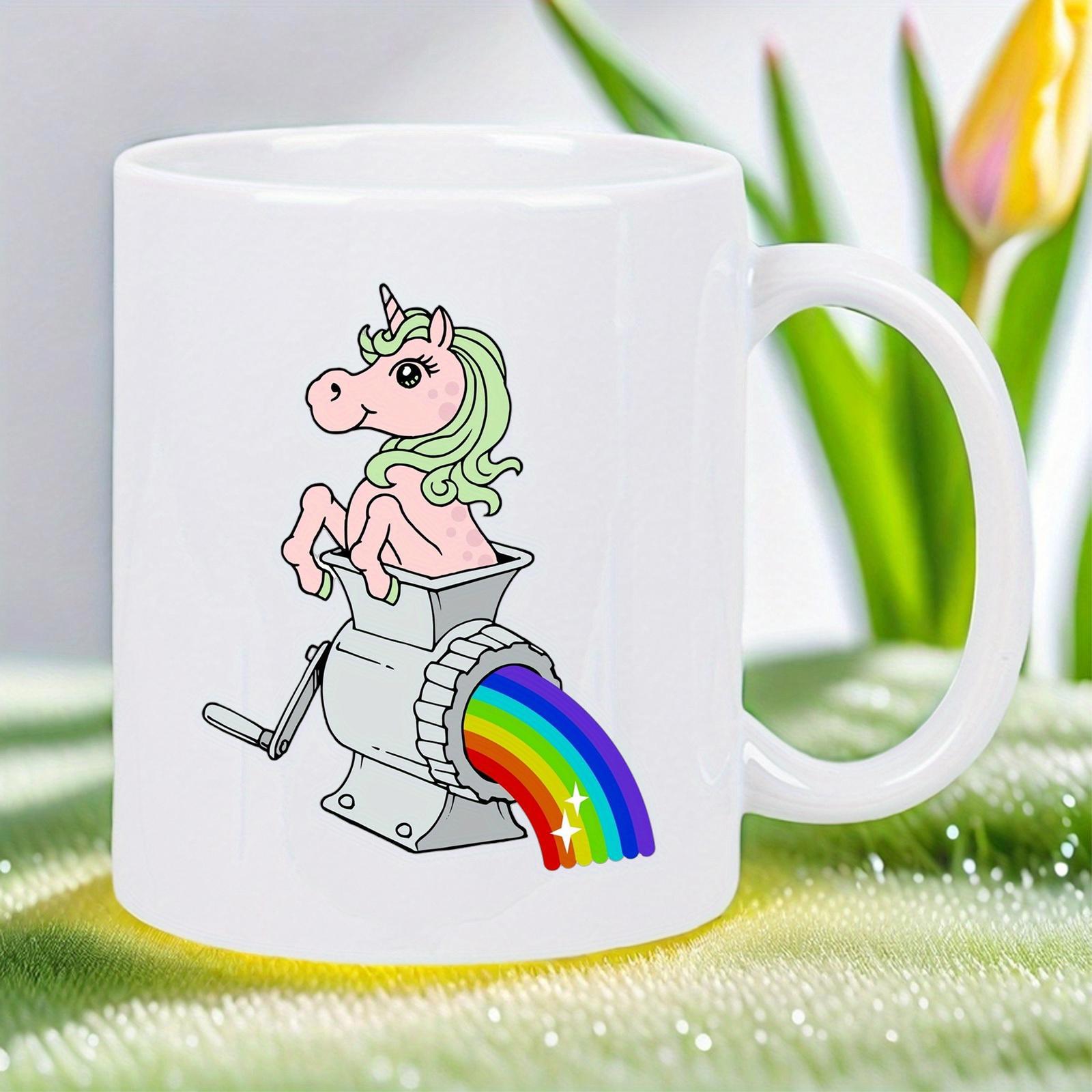 Tailorly White Ceramic 11 oz Mug - Cartoon Pink Unicorn Sitting In Silver Meat Grinder Pouring Out Colorful Rainbow Unicorn