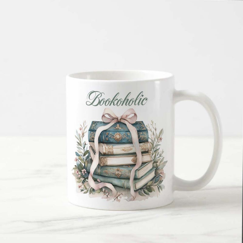 Tailorly White Ceramic 11 oz Mug - Bookaholic Vintage Stacked Tied With A Soft Pink Ribbon Among Floral Leaves Books