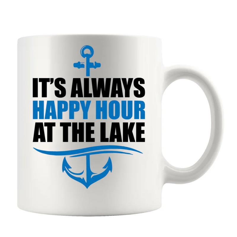 Tailorly White Ceramic 11 oz Mug - Its Always Happy Hour At The Lake Bold Blue Nautical Waves Behind A Large Ocean Symbol Anchor