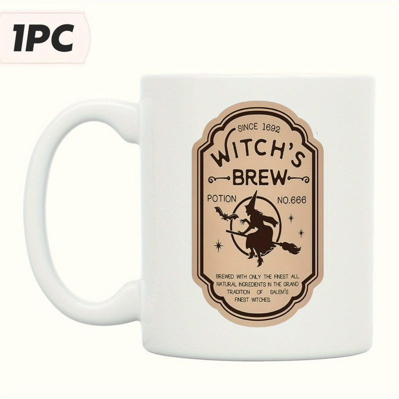 Tailorly White Ceramic 11 oz Mug - Witchs Brew Since 1692 Potion No 666 Vintage Style Potion Label With Flying Silhouette On Broomstick Witch
