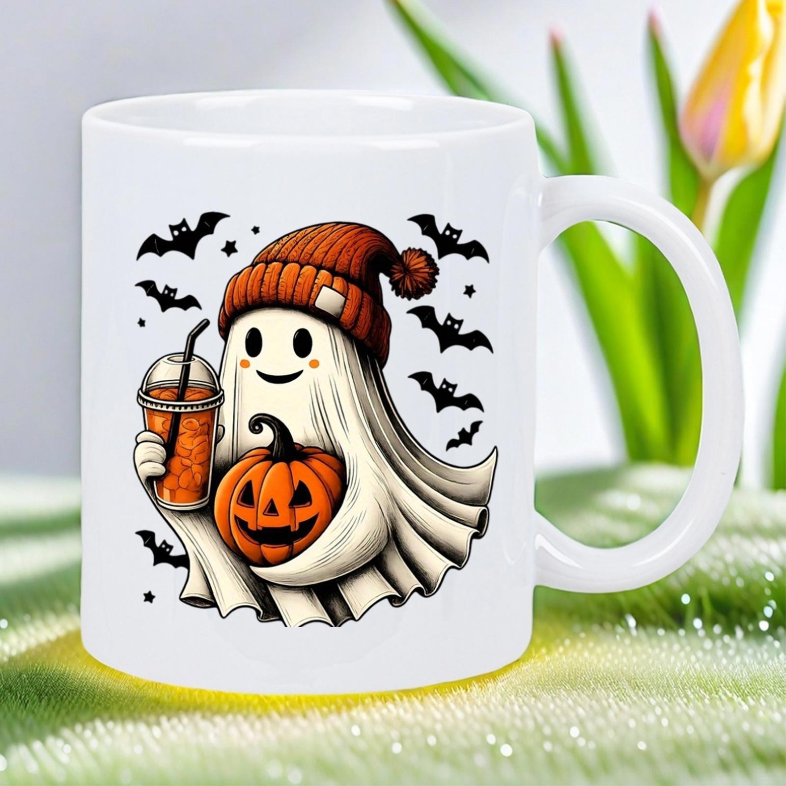 Tailorly White Ceramic 11 oz Mug - Cute Halloween Ghost Wearing Orange Beanie Holding Pumpkin Among Flying Bats Ghost