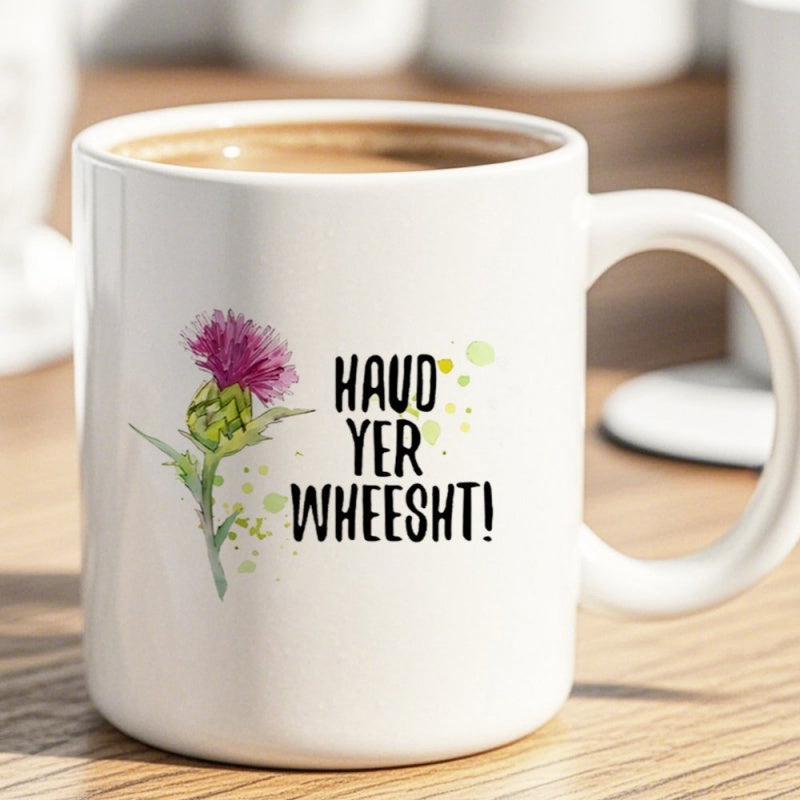 Tailorly White Ceramic 11 oz Mug - Haud Yer Wheesht Watercolor Purple Thistle Blooming Among Soft Green Leaves Thistle