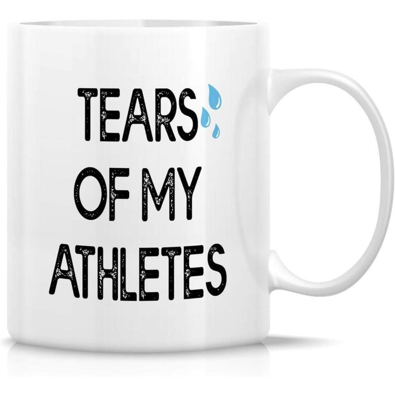 Tailorly White Ceramic 11 oz Mug - Tears Of My Athletes Three Small Blue Liquid Droplets Floating Near Bold Minimalist Text Sign