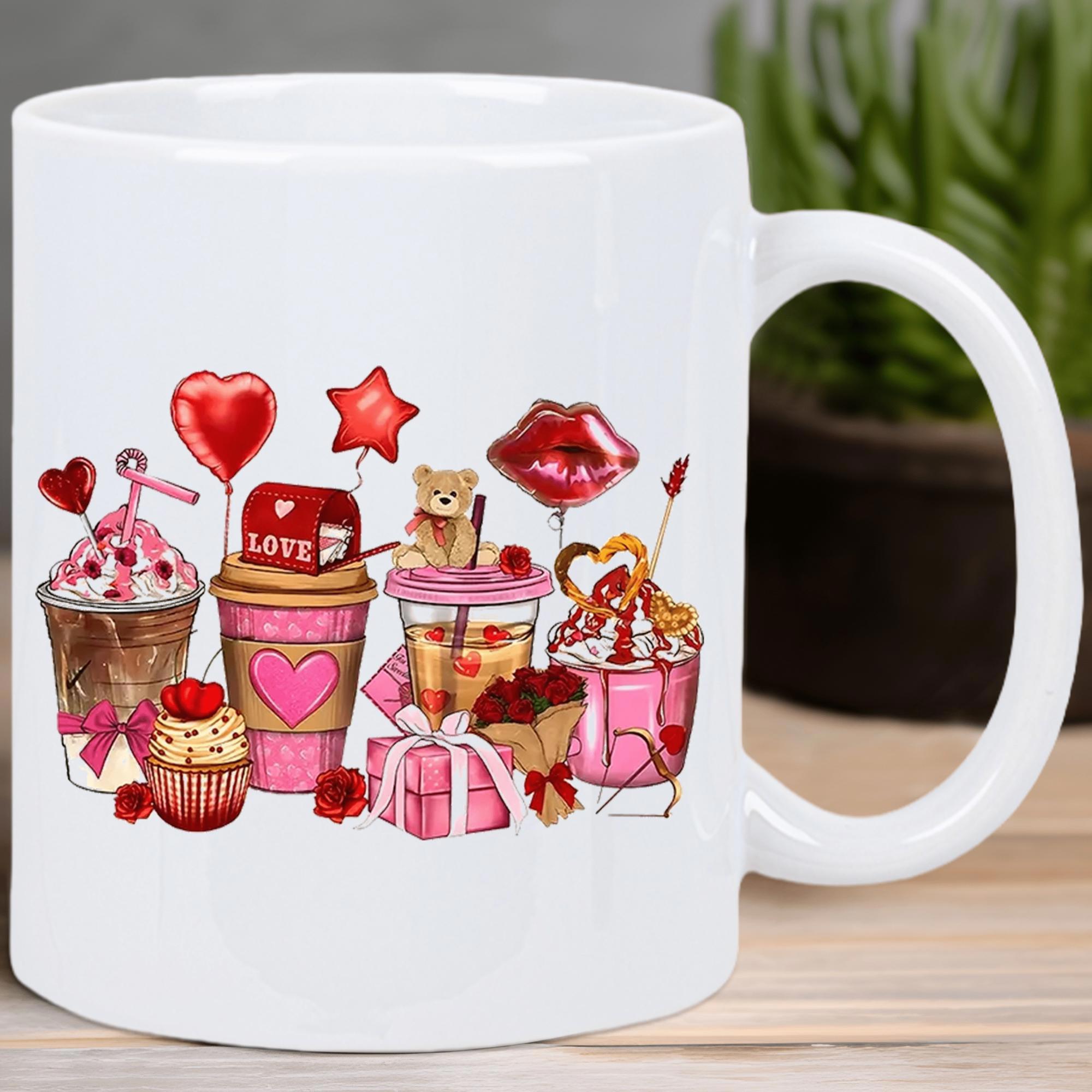 Tailorly White Ceramic 11 oz Mug - Love Sweet Romantic Valentine Elements Featuring Pink Coffee Cups And Heart Balloons Assortment