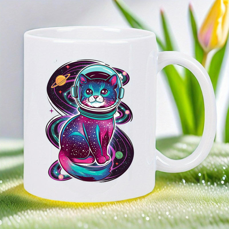 Tailorly White Ceramic 11 oz Mug - Cute Space Astronaut Kitty Floating In A Vibrant Celestial Galaxy Cat