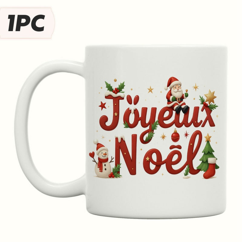 Tailorly White Ceramic 11 oz Mug - Jolly Festive Christmas Decorations Featuring Snowman And Bright Stars Santa