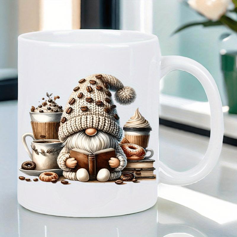 Tailorly White Ceramic 11 oz Mug - Charming Knitted Hat Character Reading Among Steaming Coffee Cups And Sweet Glazed Donuts Gnome