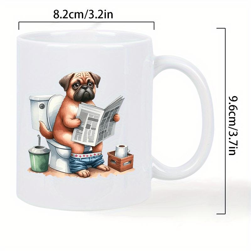 Tailorly White Ceramic 11 oz Mug - Funny Brown Dog Sitting On White Toilet Reading Newspaper Focused Pug