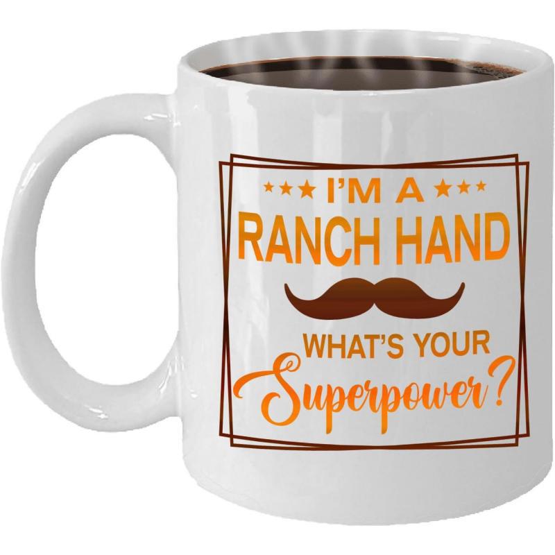 Tailorly White Ceramic 11 oz Mug - Im A Ranch Hand Whats Your Superpower Rustic Themed Pattern Featuring A Brown Mustache Surrounded By Gold Stars Mug