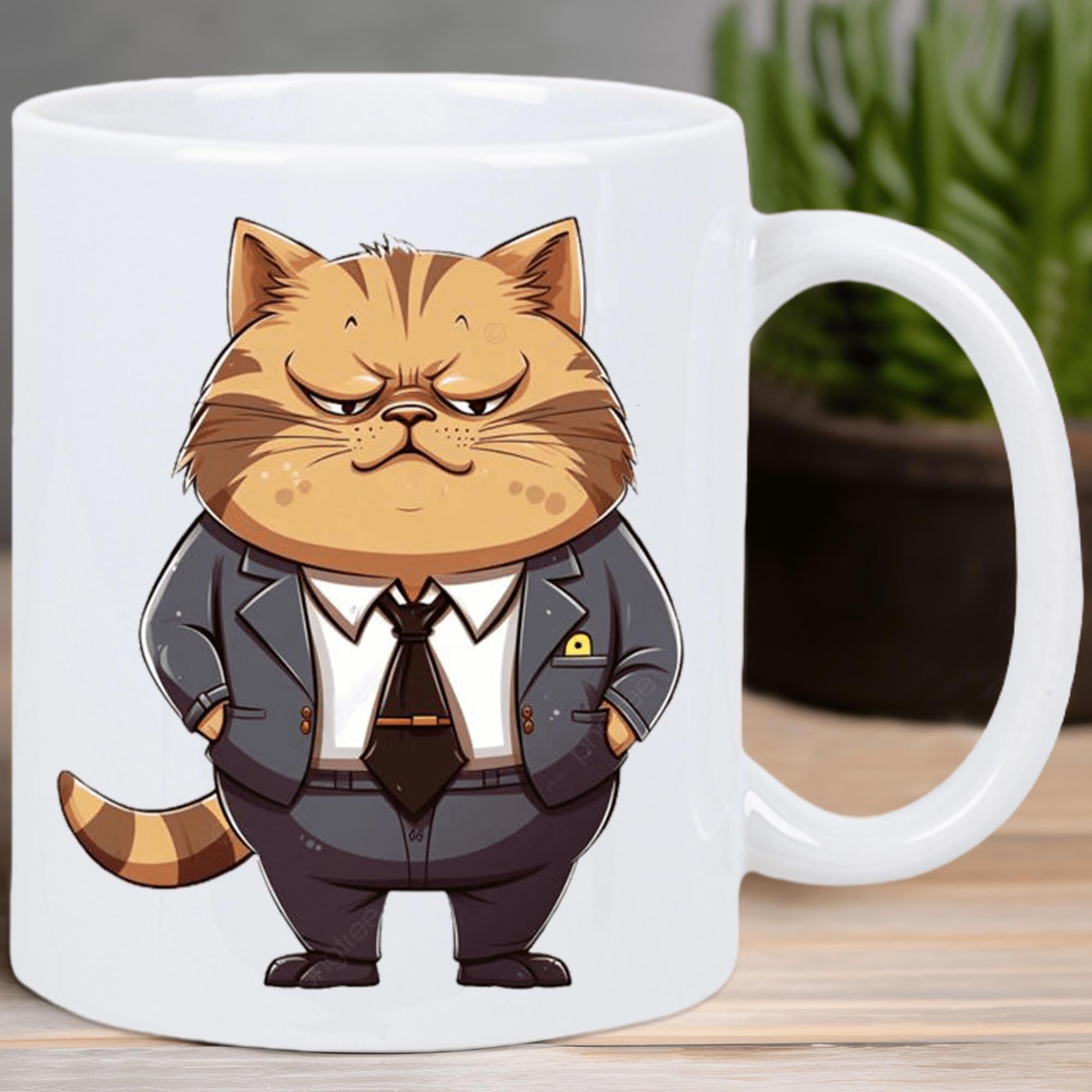 Tailorly White Ceramic 11 oz Mug - Grumpy Ginger Tabby Wearing Professional Business Suit And Formal Tie Cat