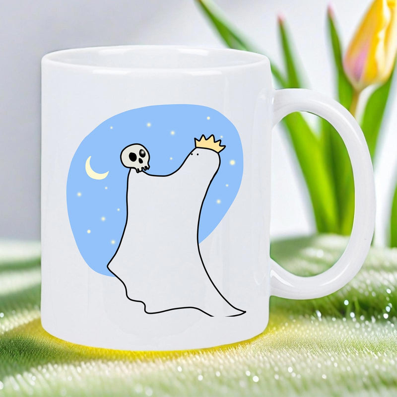 Tailorly White Ceramic 11 oz Mug - Whimsical Cartoon Character Wearing Golden Crown Holding Tiny White Skull Ghost