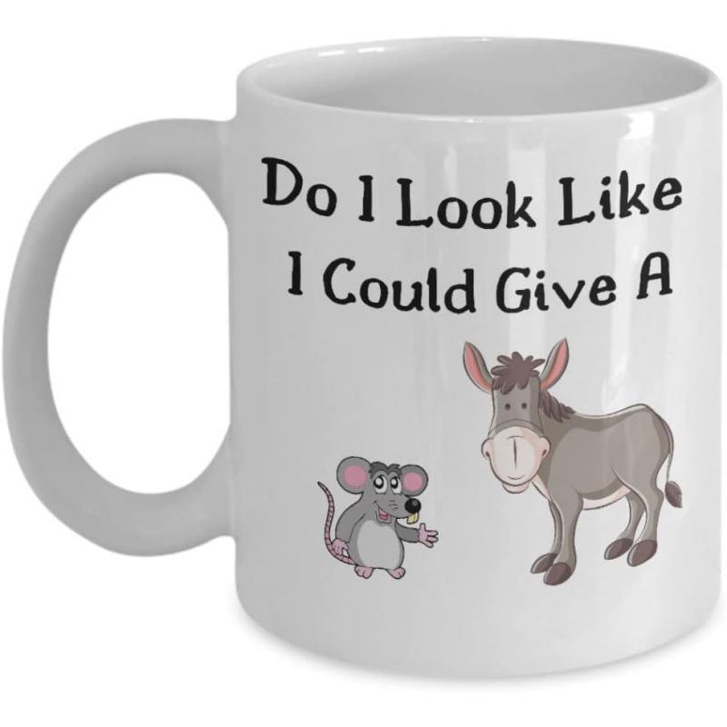 Tailorly White Ceramic 11 oz Mug - Do I Look Like I Could Give A Sarcastic Cartoon Mouse Standing Beside A Smiling Grey Donkey