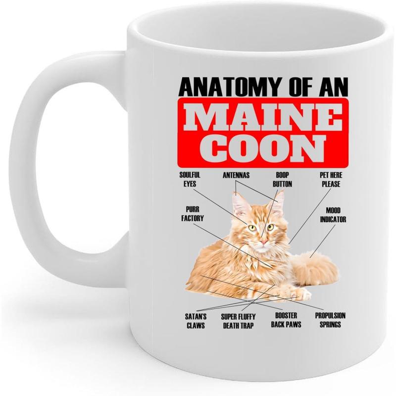 Tailorly White Ceramic 11 oz Mug - Anatomy Of An Maine Coon Ginger Tabby Resting Peacefully With Educational Diagram Labels Pointing To Features Cat