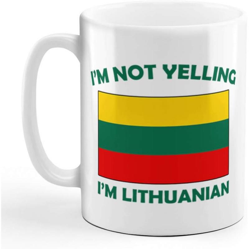 Tailorly White Ceramic 11 oz Mug - Im Not Yelling Im Lithuanian Yellow Green And Red Horizontal Stripes Representing National Pride Heritage Flag