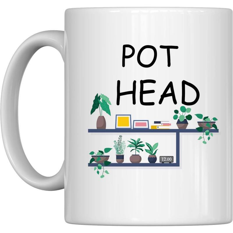 Tailorly White Ceramic 11 oz Mug - Pot Head Potted Indoor Plants Arranged On A Modern Minimalist Wall Shelf Plant