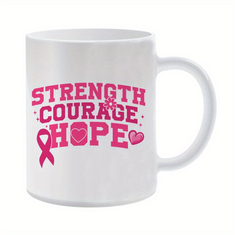 Tailorly White Ceramic 11 oz Mug - Strength Courage Hope Pink Awareness Ribbon Decorated With Small Hearts And Delicate Flowers Ribbon