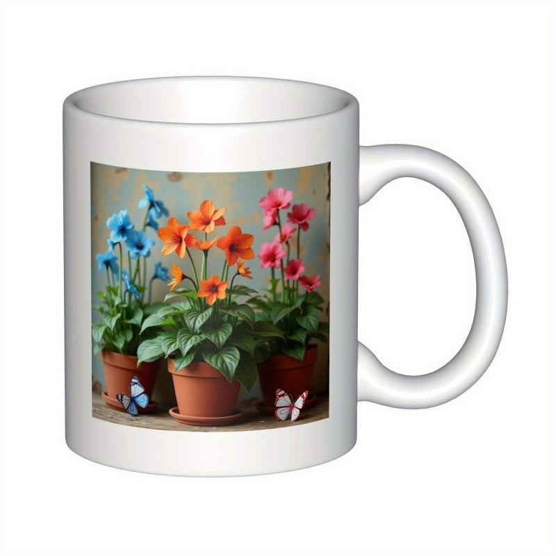 Tailorly White Ceramic 11 oz Mug - Colorful Blooming Potted Plants With Delicate Butterflies Resting In Terracotta Pots Flower