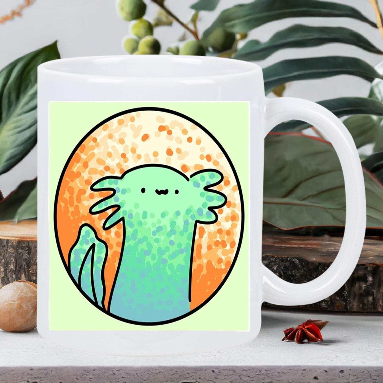Tailorly White Ceramic 11 oz Mug - Cheerful Cartoon Green Axolotl Posing Inside Textured Round Vibrant Orange Backdrop Axolotl