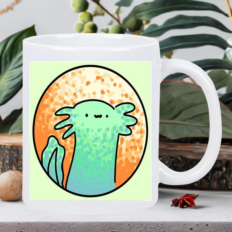 Tailorly White Ceramic 11 oz Mug - Cheerful Cartoon Green Axolotl Posing Inside Textured Round Vibrant Orange Backdrop Axolotl