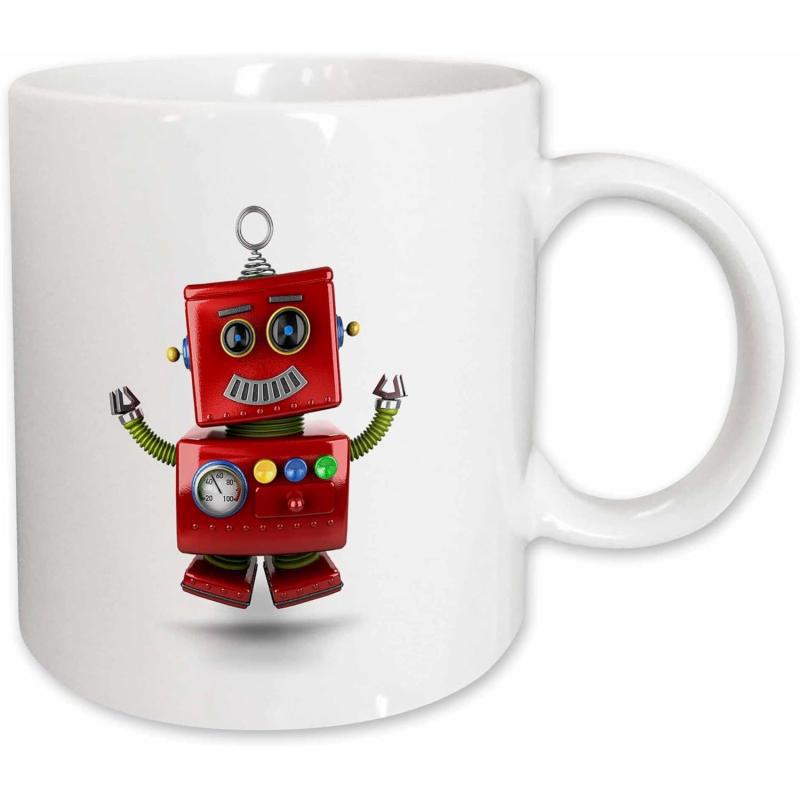 Tailorly White Ceramic 11 oz Mug - Vintage Red Metallic Toy With Colorful Buttons And Green Flexible Arms Robot