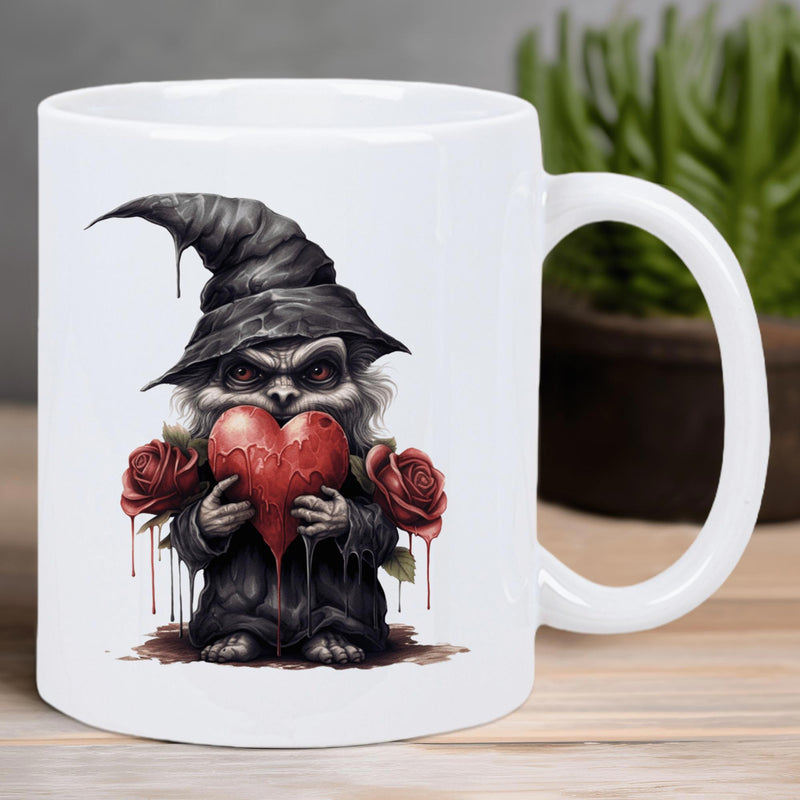 Tailorly White Ceramic 11 oz Mug - Mystical Dark Wizard Hat Figure Holding A Large Dripping Red Heart Creature