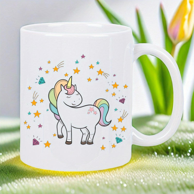 Tailorly White Ceramic 11 oz Mug - Cute Rainbow Mane Surrounded By Twinkling Stars And Shining Colorful Diamonds Unicorn