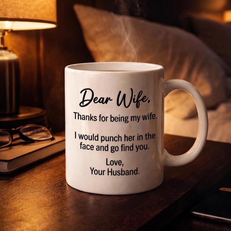 Tailorly White Ceramic 11 oz Mug - Dear Wife Thanks For Being My Wife I Would Punch Her In The Face And Go Find You Love Your Husband Minimalist Black Printed
